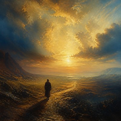 a solitary figure walking toward a glowing horizon across an empty plain, moody atmosphere, no text or lettering