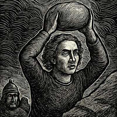 a black and white drawing of a man holding a jug over his head