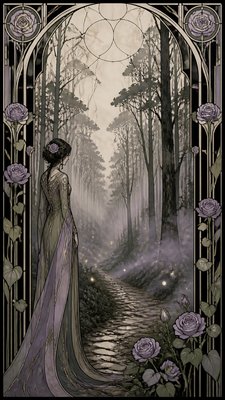 a mysterious forest path with fireflies and drifting mist, atmospheric vertical composition with open space at the top, no text