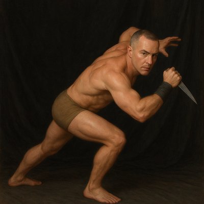 a painting of a man with a knife in his hand