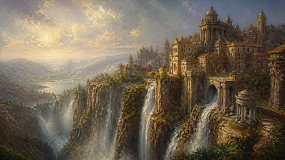 a cliffside city with waterfalls cascading into a misty canyon, wide establishing shot, no people, no text