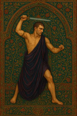 a painting of a man holding a sword