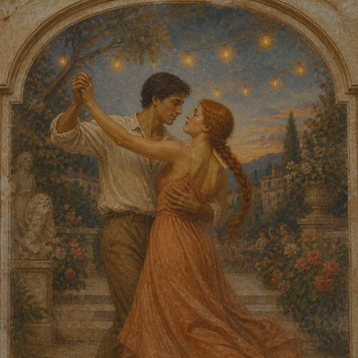 an original couple dancing under string lights in a garden at dusk: a man with short black hair in a linen shirt and a woman with braided red hair in a summer dress