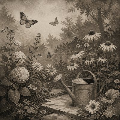 a garden scene with butterflies, flowers and a watering can, clean uncolored line art, no text