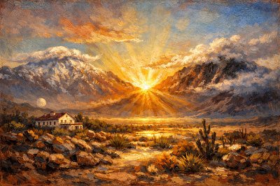 The San Gorgonio Pass, Mt. San Gorgonio) rises in the North, all hoary-frost and granite.  Snake-like clouds adorning her peak, I gaze past the big white house toward her uplifted boulders.
And at the South, Mt. San Jacinto has lost his head in cloud.  Burned bones against a blue sky backdrop.  Between the two, another sunrise gleams and beams of brilliant, white-hot day flash forth:  They accentuate the Sonora desert’s west extreme, and last night’s moon forgot to go away.