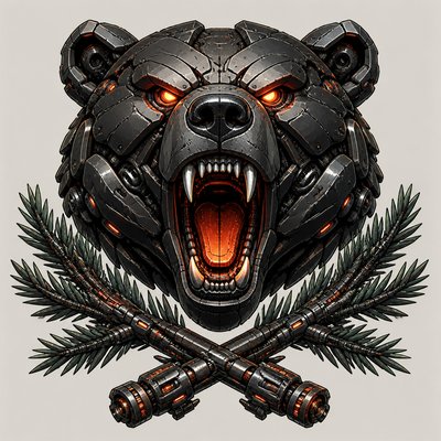 a roaring bear head above crossed pine branches, bold graphic composition on a plain background, no text