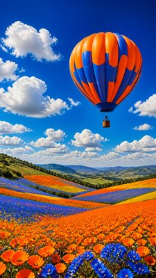 a hot air balloon drifting over rolling flower fields on a sunny day, cheerful, no text