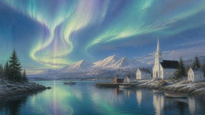 a flowing aurora over snowy peaks, wide sweeping composition, no people, no text