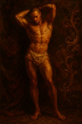 a painting of a man with no shirt on