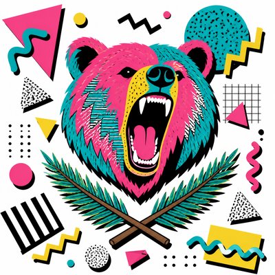 a roaring bear head above crossed pine branches, bold graphic composition on a plain background, no text
