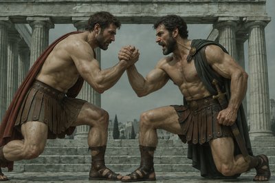a painting of two men fighting in front of a building