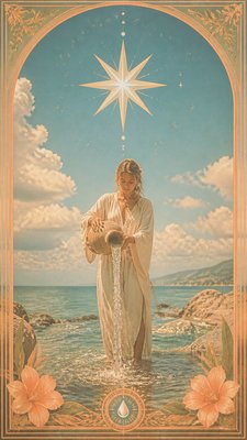 a robed figure pouring water beneath a large eight-pointed star in a night sky, symmetrical composition with an ornate decorative border, no text