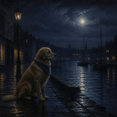 portrait of a golden retriever wearing a blue bandana, warm plain backdrop, no text