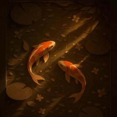 A koi pond seen from above, orange and white koi fish swimming among lily pads, clear water with subtle ripples, fallen cherry blossom petals floating on the surface, dappled sunlight