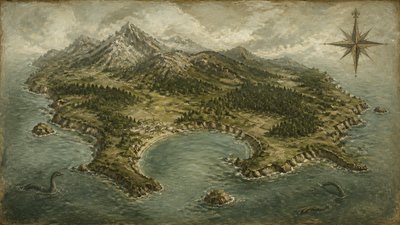a map of an island realm with mountains, forests, a sheltered bay, sea monsters in the water and a compass rose, no text labels