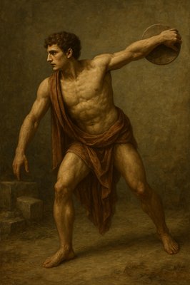 a painting of a man holding a disc