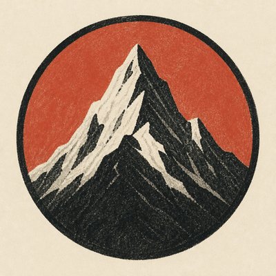 an emblem of a mountain peak inside a circle, simple bold shapes on a plain background, no text or lettering