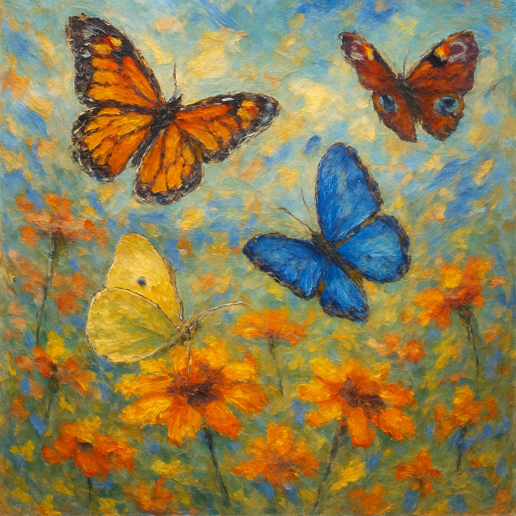 Butterflies of different types, enjoying a light breeze as they lite upon fall flowers.