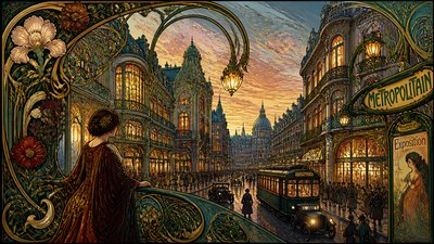 bustling city street panorama at dusk