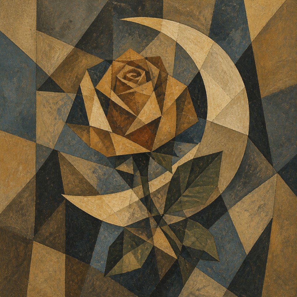a rose entwined with a crescent moon, clean balanced composition on a plain background, no text