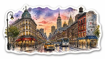bustling city street panorama at dusk