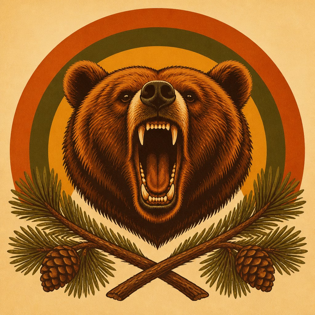 a roaring bear head above crossed pine branches, bold graphic composition on a plain background, no text