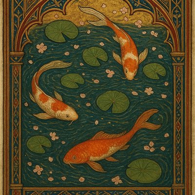 A koi pond seen from above, orange and white koi fish swimming among lily pads, clear water with subtle ripples, fallen cherry blossom petals floating on the surface, dappled sunlight