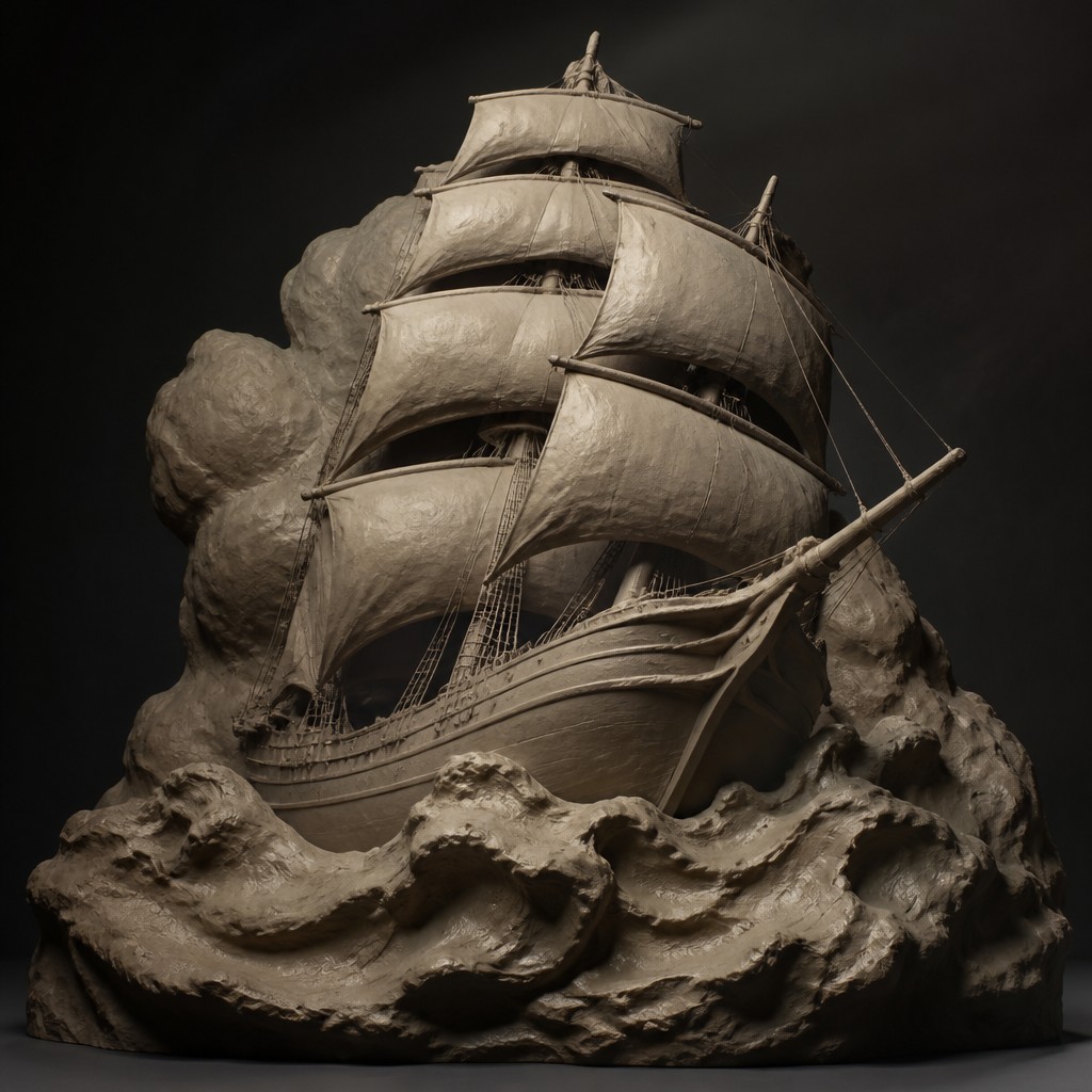 sailing ship on a stormy sea — Sculptural Form Art Style