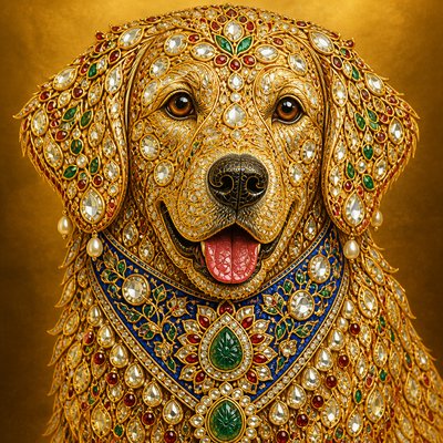 portrait of a golden retriever wearing a blue bandana, warm plain backdrop, no text