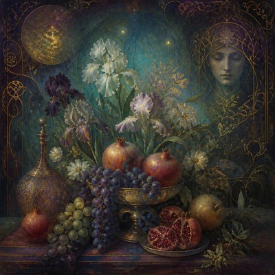 still life arrangement of fruits and flowers