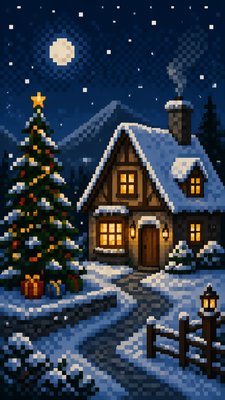 a snow-covered cottage with warm glowing windows beside a decorated pine tree, gentle snowfall, no text