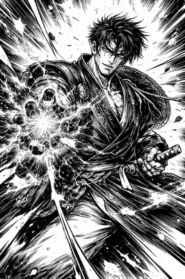 a black and white drawing of a man holding a sword