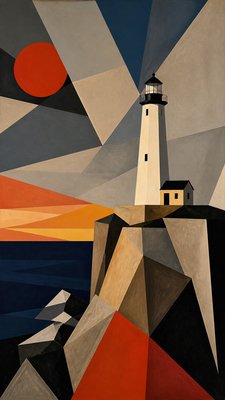 a lone lighthouse on a cliff at dusk under a dramatic sky, no text or lettering