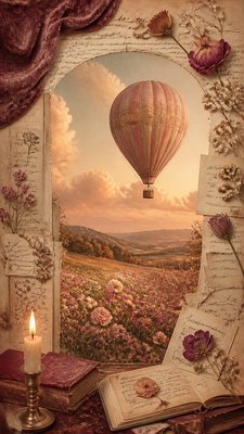 a hot air balloon drifting over rolling flower fields on a sunny day, cheerful, no text