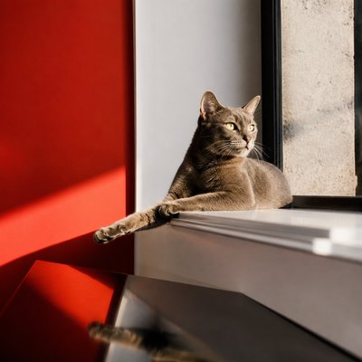 a cat lounging in a sunlit window