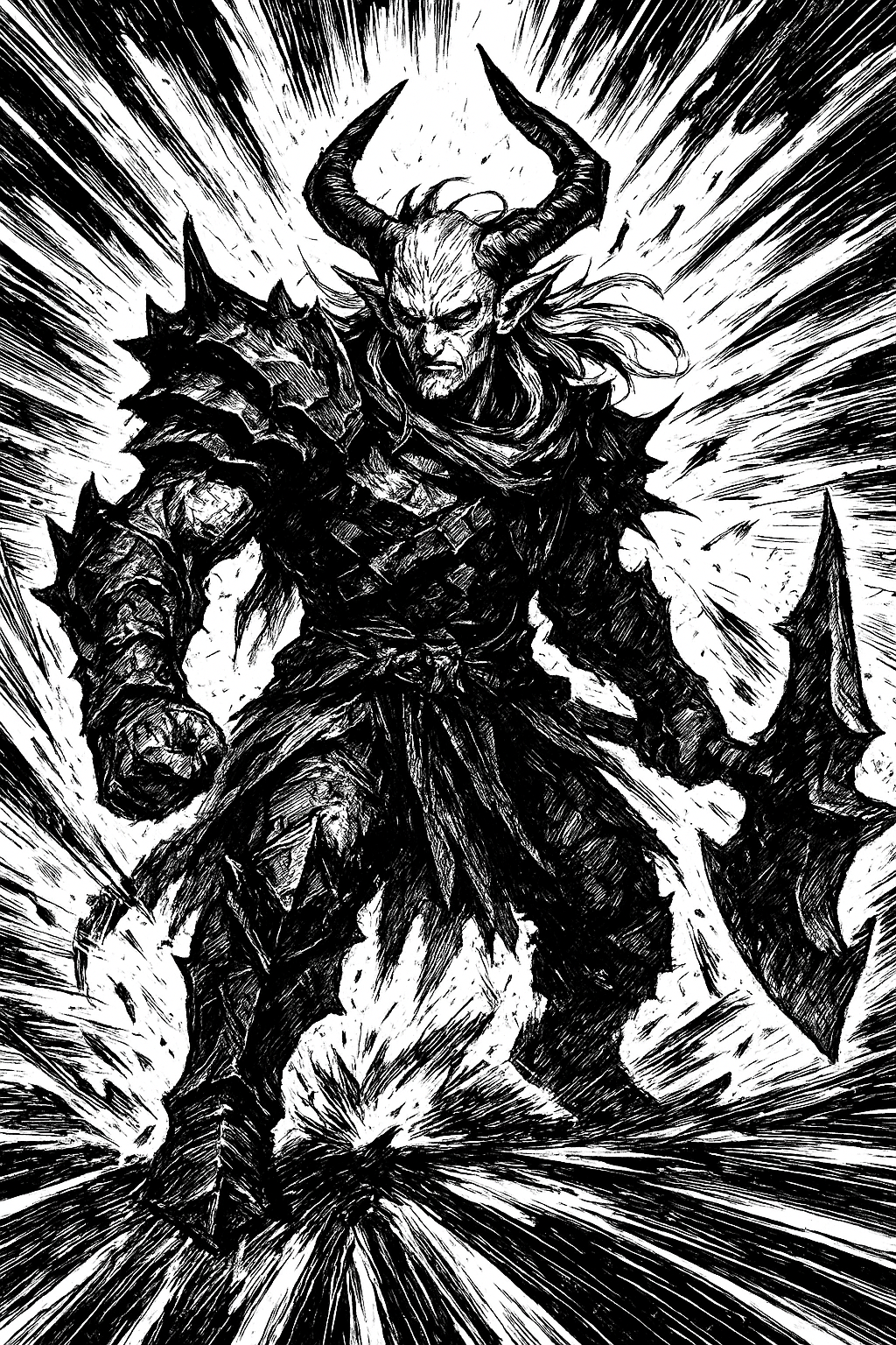 a black and white drawing of a demon