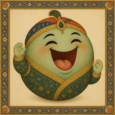 an exaggerated laughing face of an original round mascot character, bold and readable at small size, plain background, no text