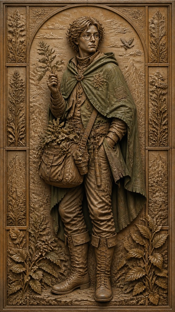 full-body original character: a wandering botanist with a satchel of plants, a patched green cloak, tall boots and round glasses, neutral background