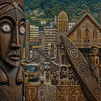 urban street with city activity — Papua New Guinea Art Style
