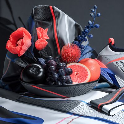 still life arrangement of fruits and flowers