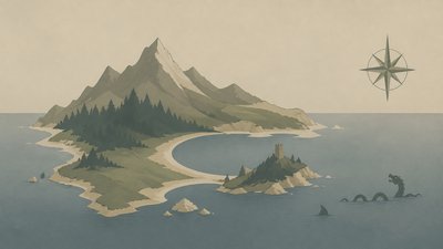 a map of an island realm with mountains, forests, a sheltered bay, sea monsters in the water and a compass rose, no text labels