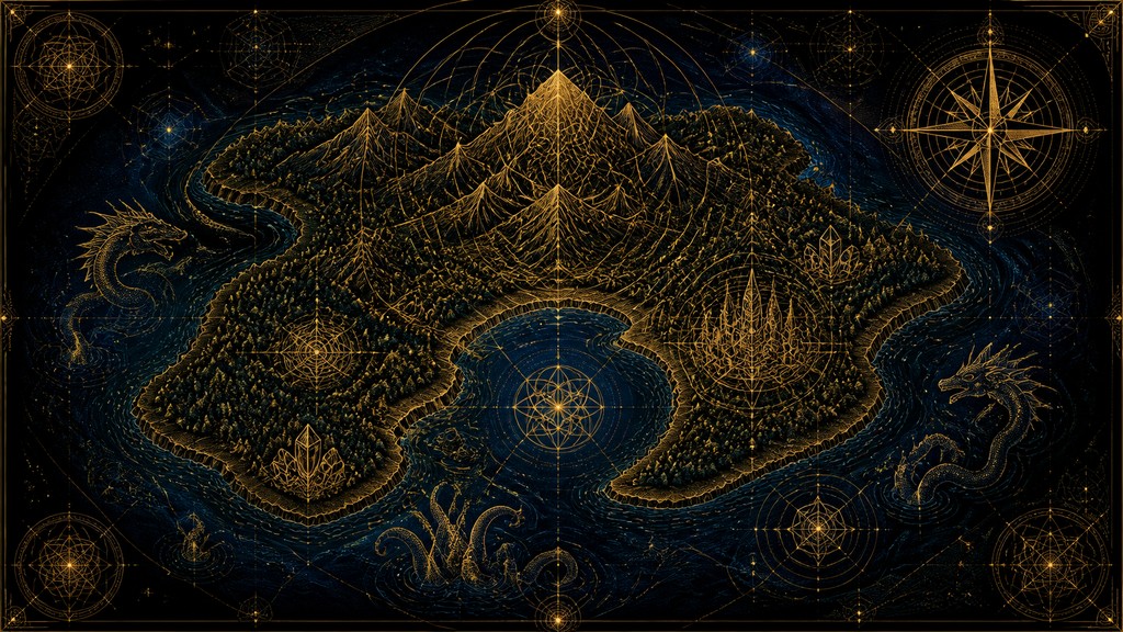 a map of an island realm with mountains, forests, a sheltered bay, sea monsters in the water and a compass rose, no text labels