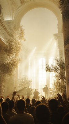a live music scene with a glowing stage and silhouetted crowd, energetic vertical composition with open space at the top, no text