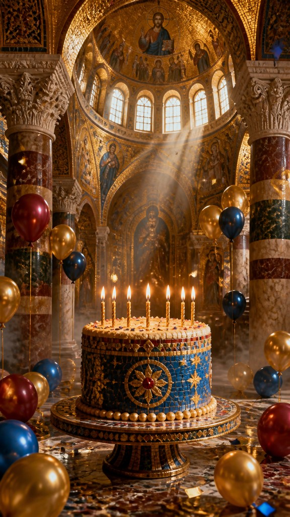 a birthday cake with lit candles surrounded by balloons and confetti, festive vertical composition, no text