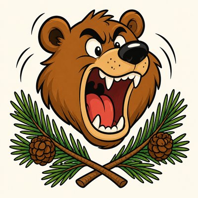 a roaring bear head above crossed pine branches, bold graphic composition on a plain background, no text
