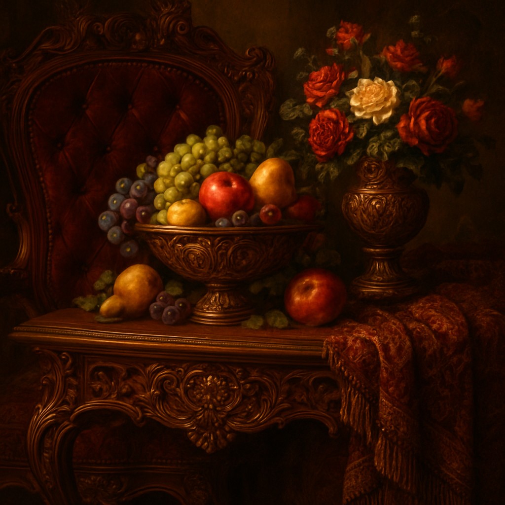still life arrangement of fruits and flowers