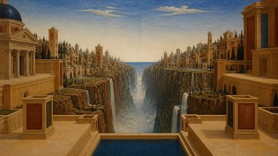 a cliffside city with waterfalls cascading into a misty canyon, wide establishing shot, no people, no text