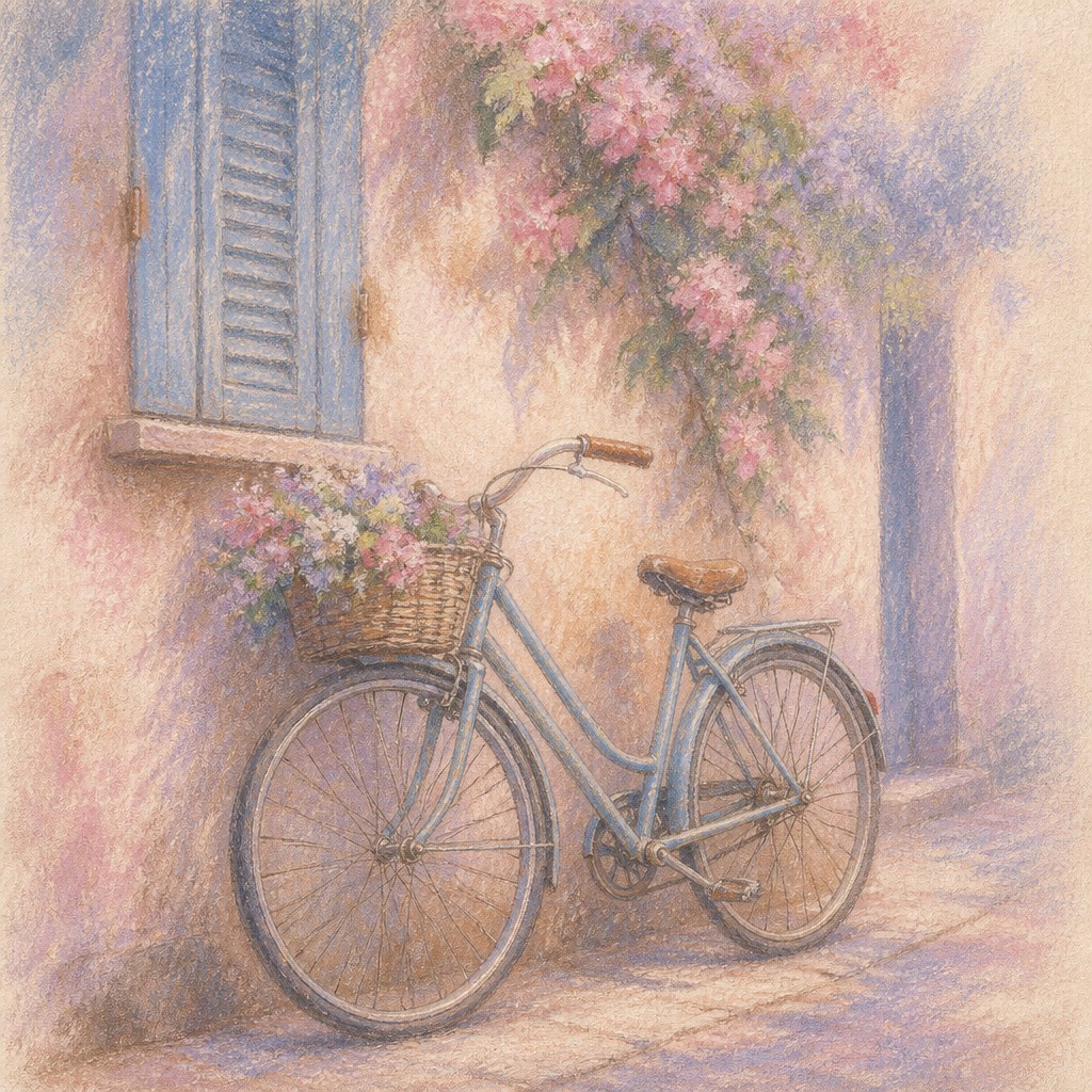 bicyle resting against a wall — Pastel Art Style