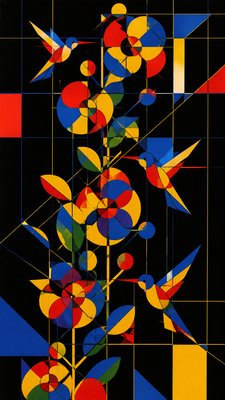 a climbing vine of flowers and hummingbirds on a dark background, tall wrapping composition, no text