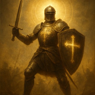 Create a hyper-realistic image with slight surreal elements and extreme detail of a medieval battlefield viewed from a worm's eye perspective, looking up at a fierce warrior in full plate armor, including a visored helmet that obscures his face, standing in a defensive battle stance with a gleaming longsword raised in one hand and a sturdy shield emblazoned with glowing cross emblems in the other, his armor radiating ethereal light from intricate cross motifs.